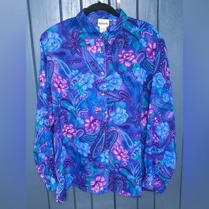 Vintage Blue Purple Floral Paisley Blouse Large Bold Romance Boho Festival